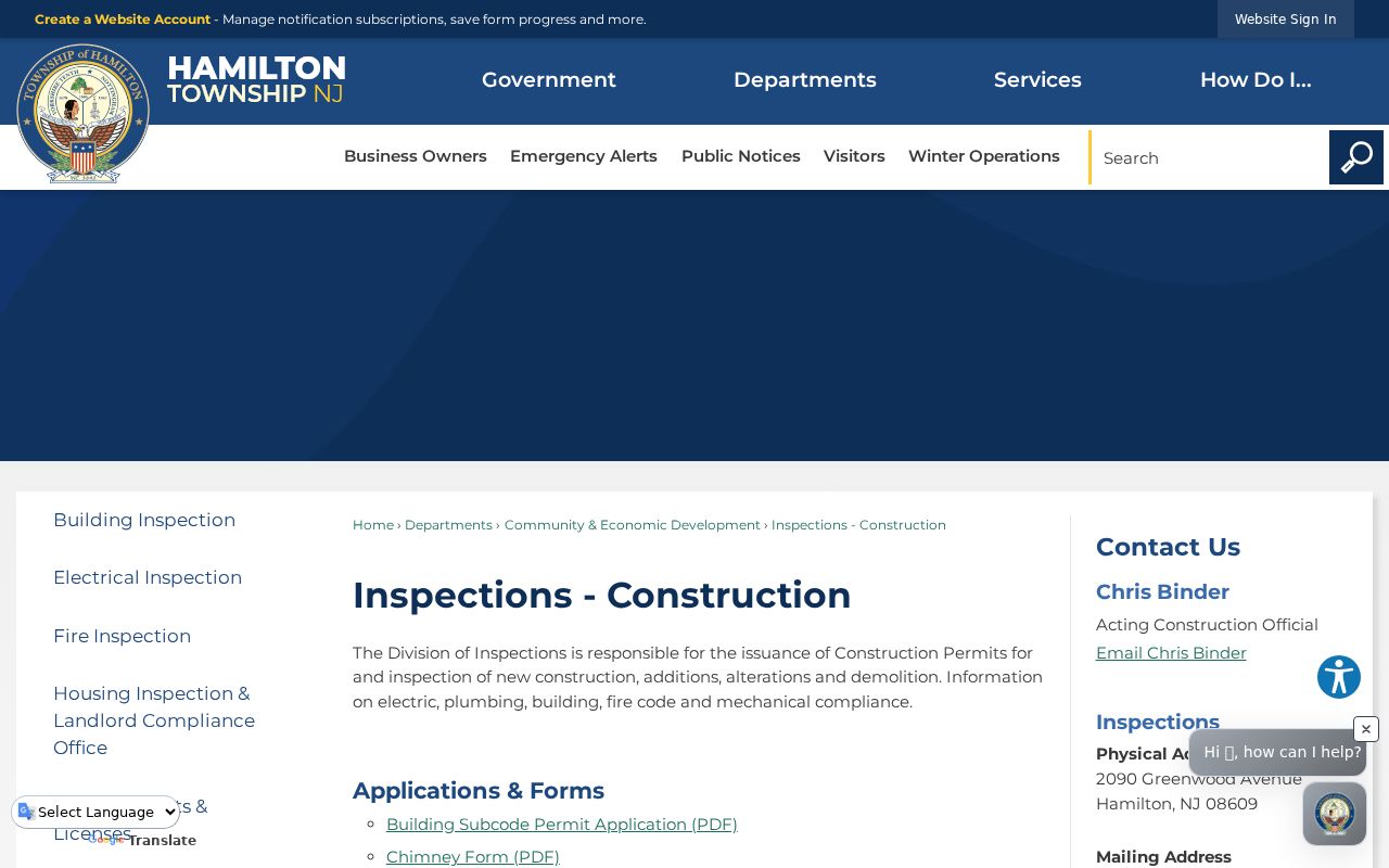 Hamilton Township street directory view of Construction and Inspections