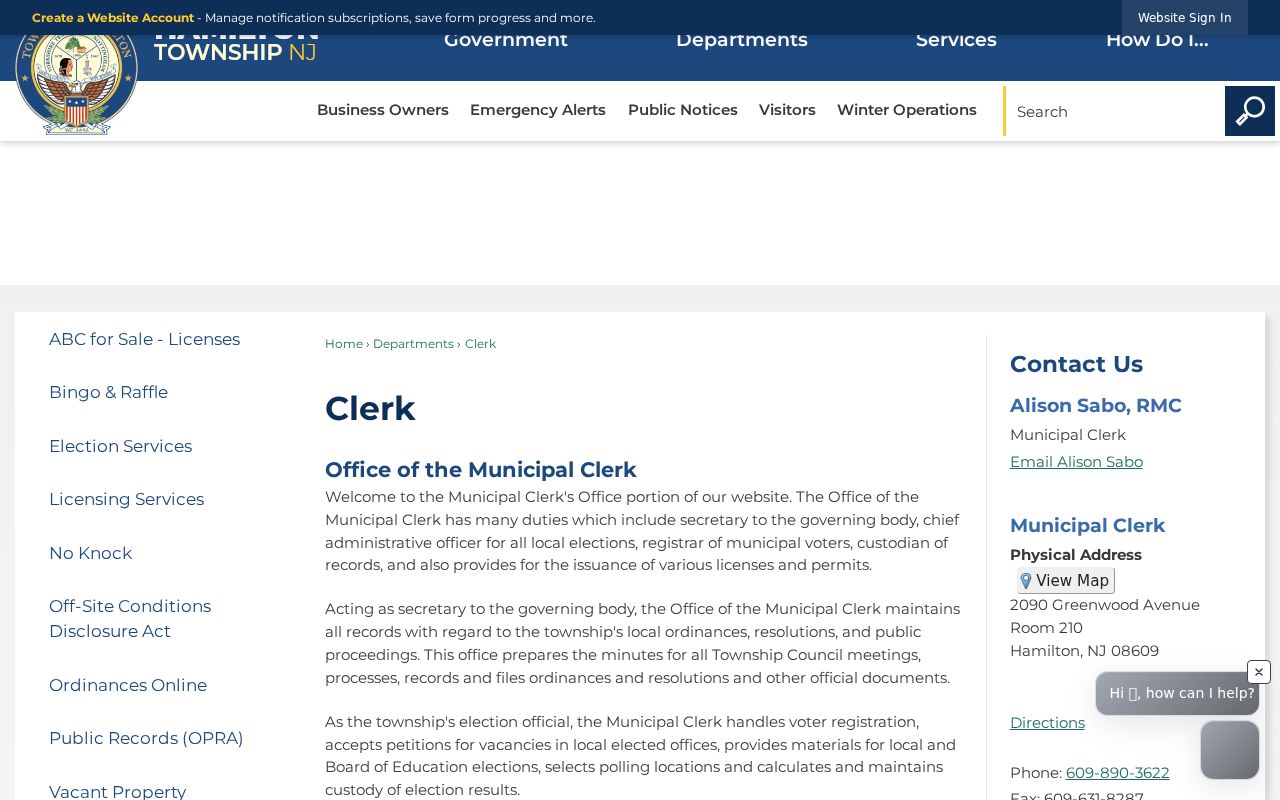 Hamilton Township residents directory Municipal Clerk interface
