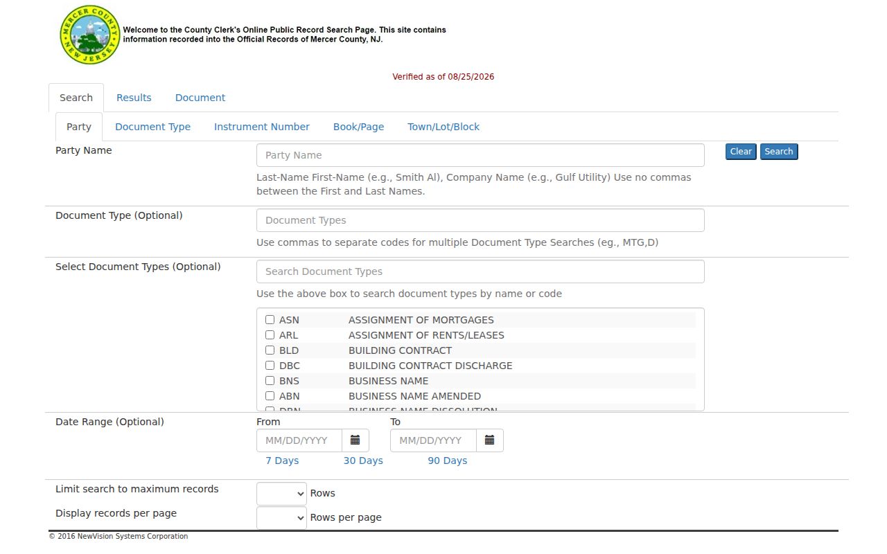 Hamilton Township street directory view of Mercer Official Records search